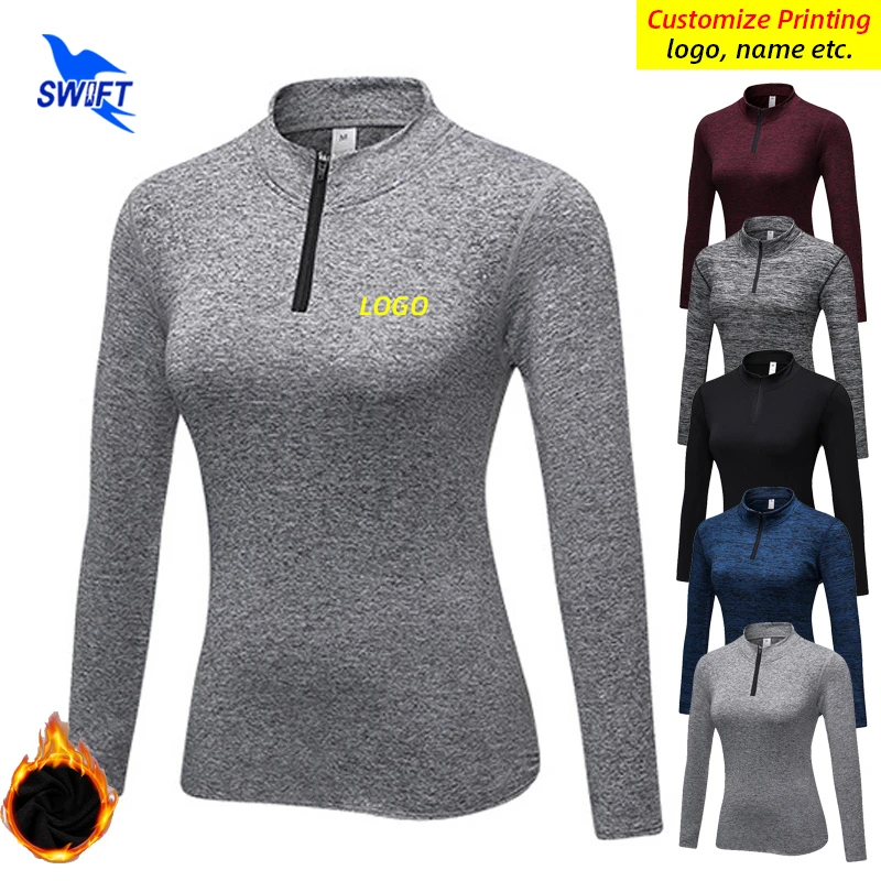

Customize LOGO Women Winter Warm Fleece Long Sleeve Yoga Sportswear Stand Collar Half Zipper Running Shirts Gym Fitness Top Tees