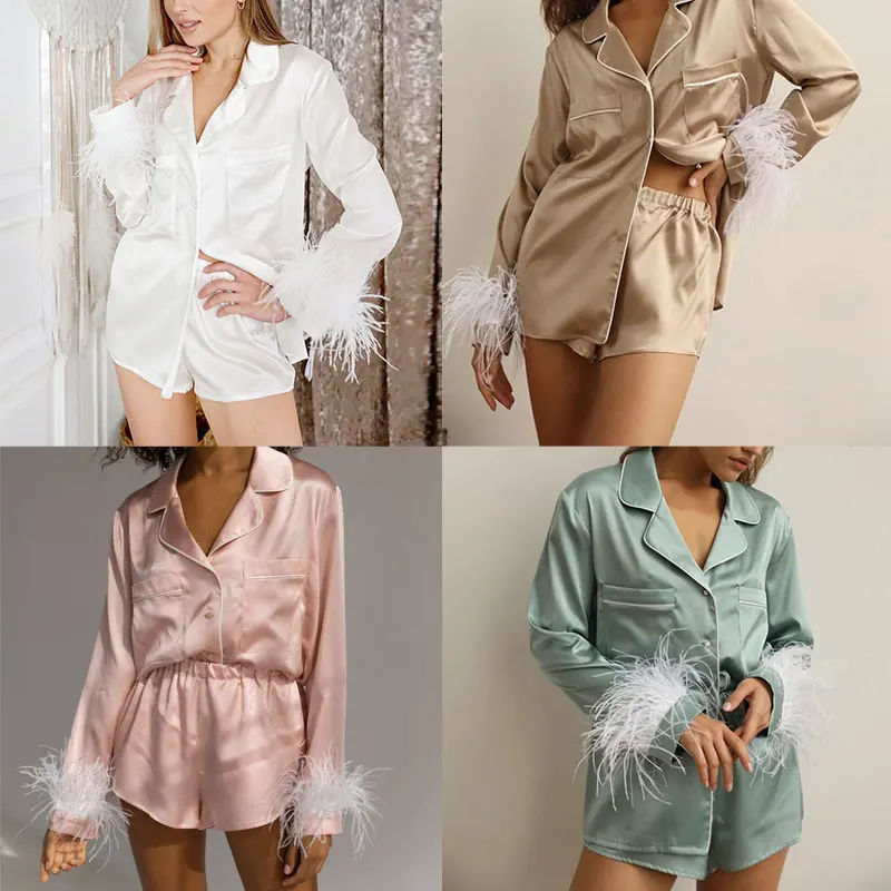 Women Pajama Set Bride Bridesmaid Pajamas 2 Piece Set Feather Cuffs Silk Sleepwear With Shorts Beige White Blue Green Rose