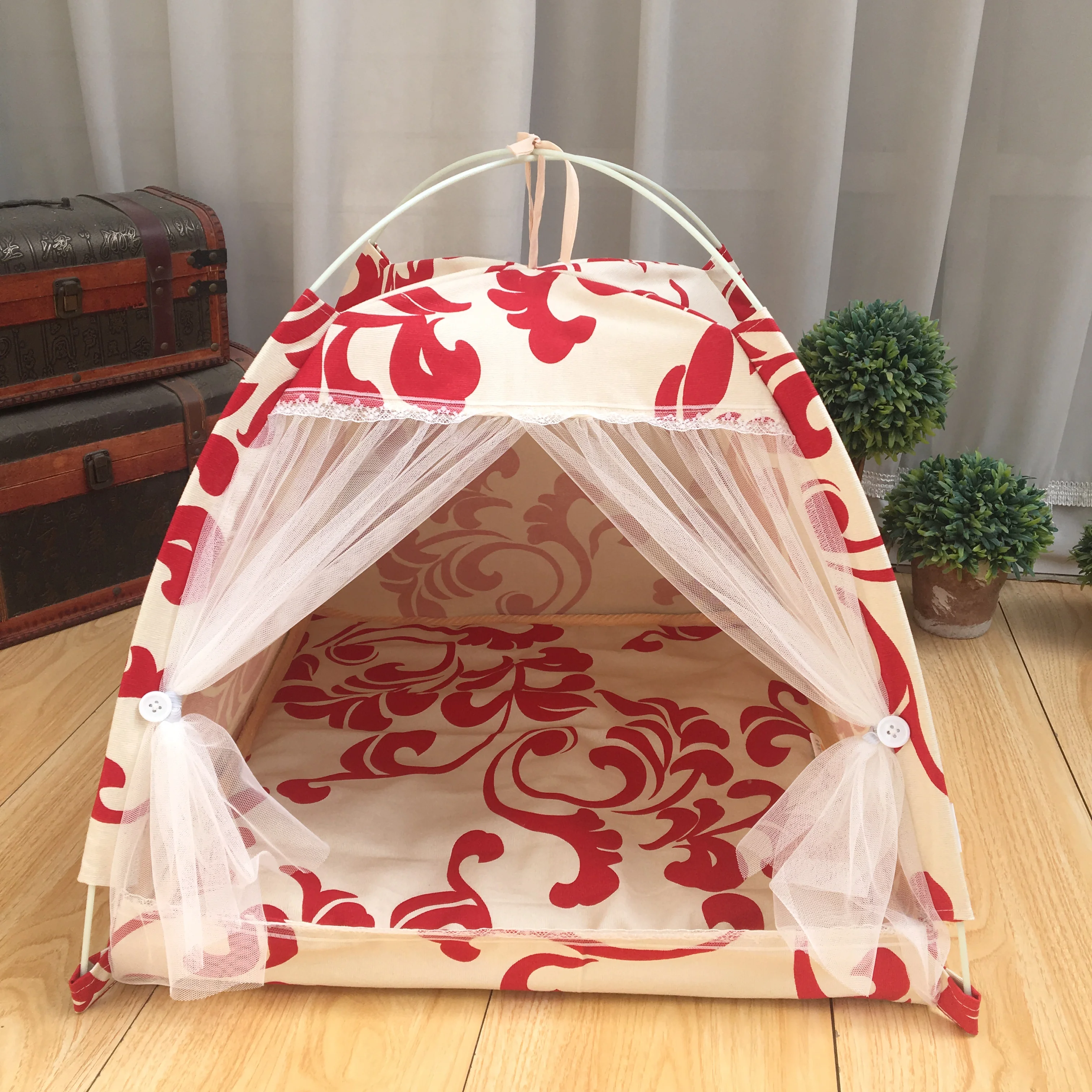 

Four-corner pet tent Geometric pattern pet tent Bracket dog tent Cotton dog house Four-season pet house Easy to clean and carry