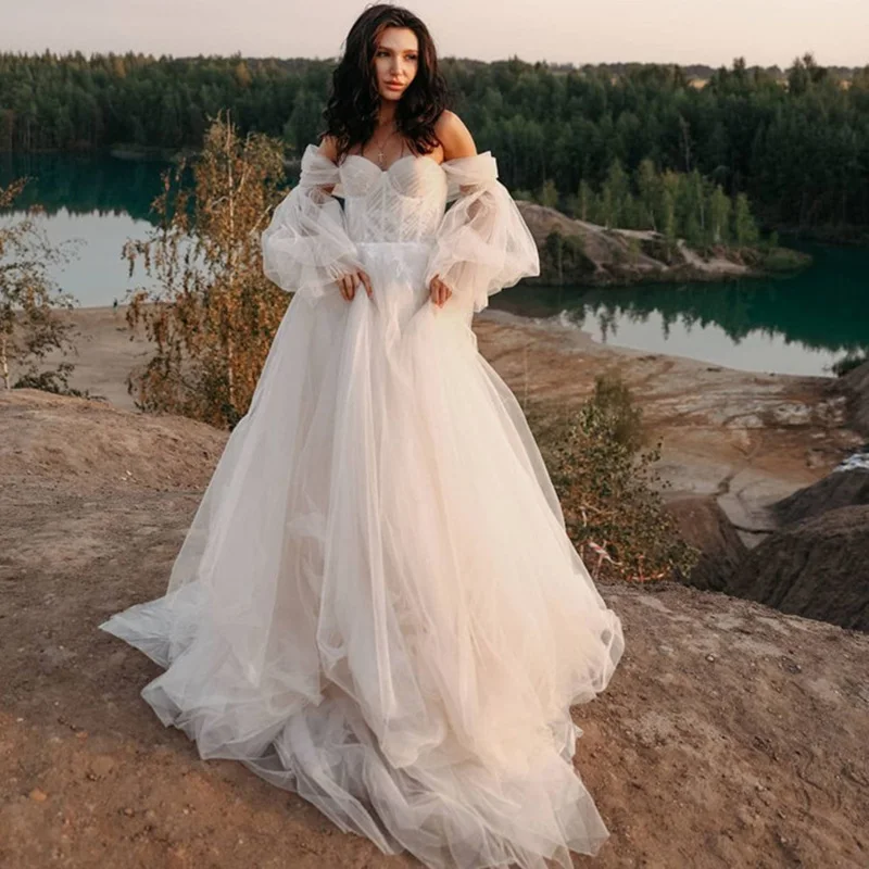 Vestidos de novia Vintage bohemios, Vestidos de novia de encaje bohemios de hadas, abullonados, vestido de novia de manga larga desmontable, Vestidos de playa 2022