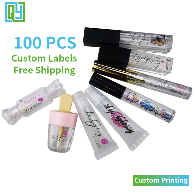 Free Shipping Custom Logo Print Lipgloss Stickers  Waterproof Beauty Make Up Clear Transparent Lipstick Tube Cosmetics Labels