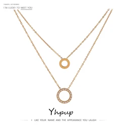 Yhpup New Stainless Steel брелок Exquisite Round Hollow Layered Chain Necklace Delicate Shiny Cubic Zirconia Choker Necklace