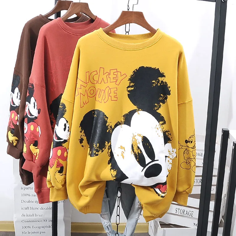 Disney camisola feminina dos desenhos animados mickey minnie pelúcia engrossado camisola primavera outono solto coreano hatless engrossado camisola na moda