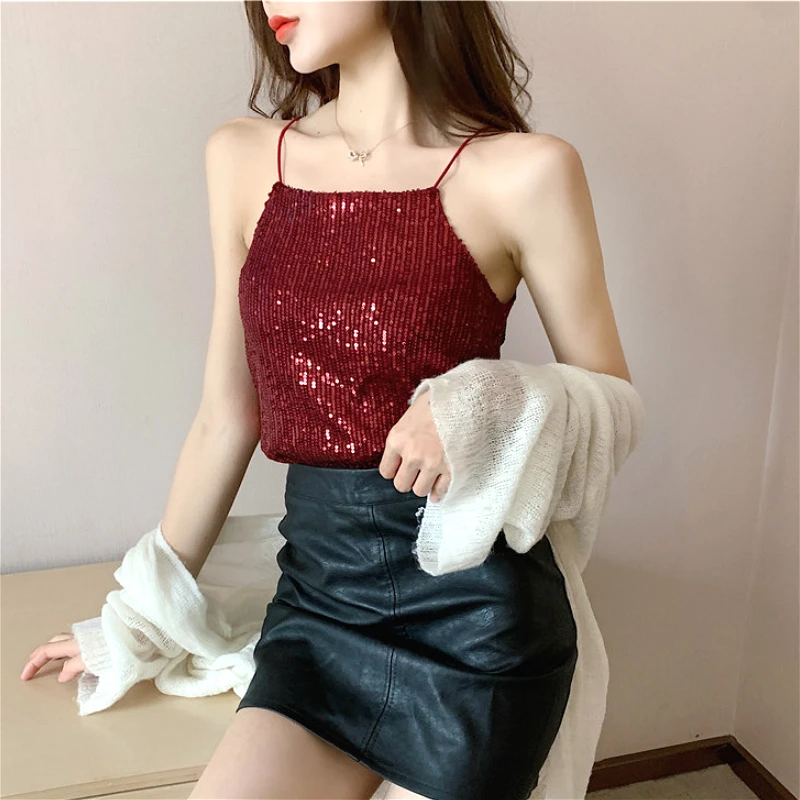 Camisoles Women New Chic Silvery Sequined Sexy V-Neck Off Shoulder Femme Crop Top Vintage Korean Loose Street Party Womens Tops