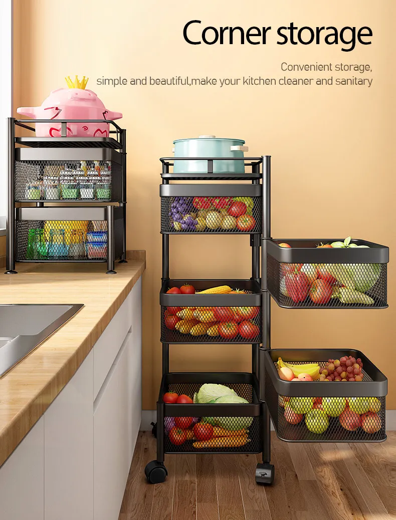 Kitchen Storage Shelf Multi-Layer Movable Fruit Vegetable Snack Stand Rotating Kitchen Storage Rack Large-capacity Shelf