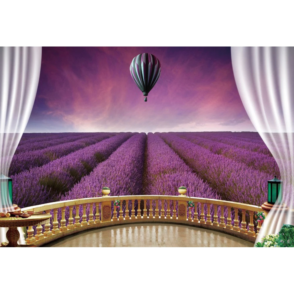 Spring Lavender Flower Garden Scenic Photo Backdrop Hot Air Balloon Party Photography Background Photophone Photo Studio