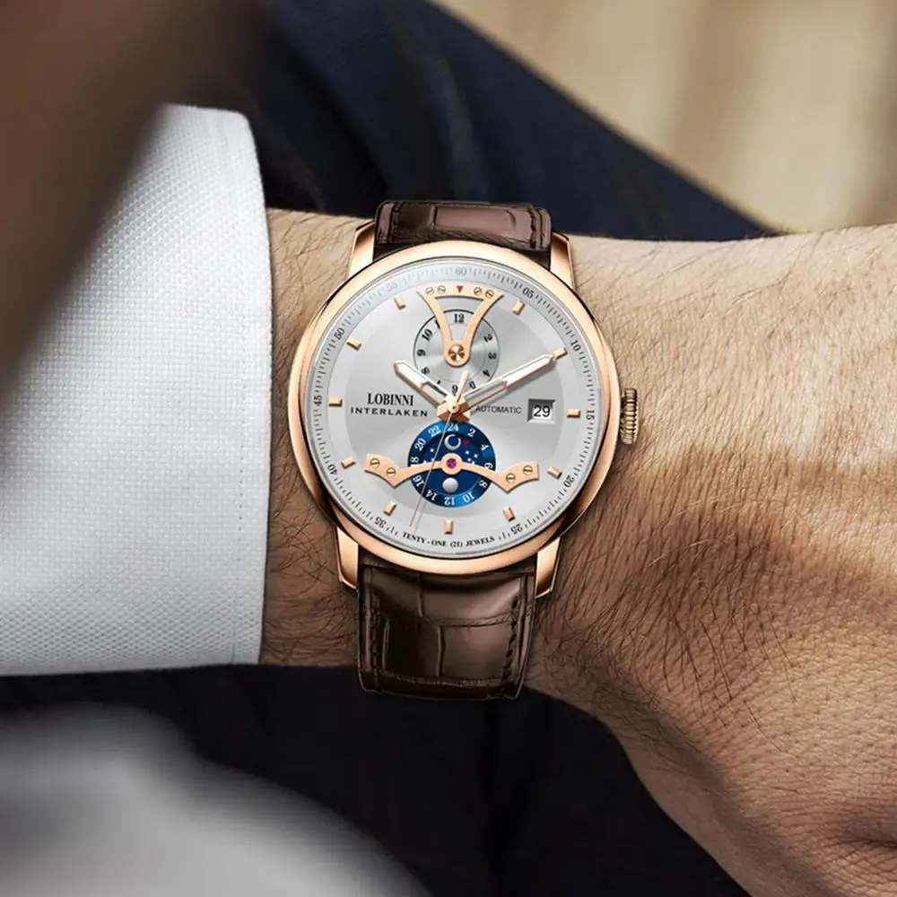 LOBINNI orologi di lusso da uomo, orologio automatico da uomo orologi da polso meccanici a carica automatica 50 m impermeabile orologio svizzero zaffiro