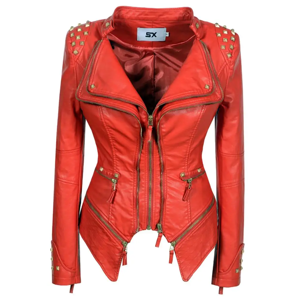 Veste de moto en faux cuir PU lisse pour femme, manches longues, motard slim, streetwear, manteau noir imprimé salle, mode SX