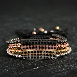 4 Color CZ Long Strip Charm Bracelet Homme Classic Micro Pave Setting Braiding Men Women Macrame Copper Bead Bracelet