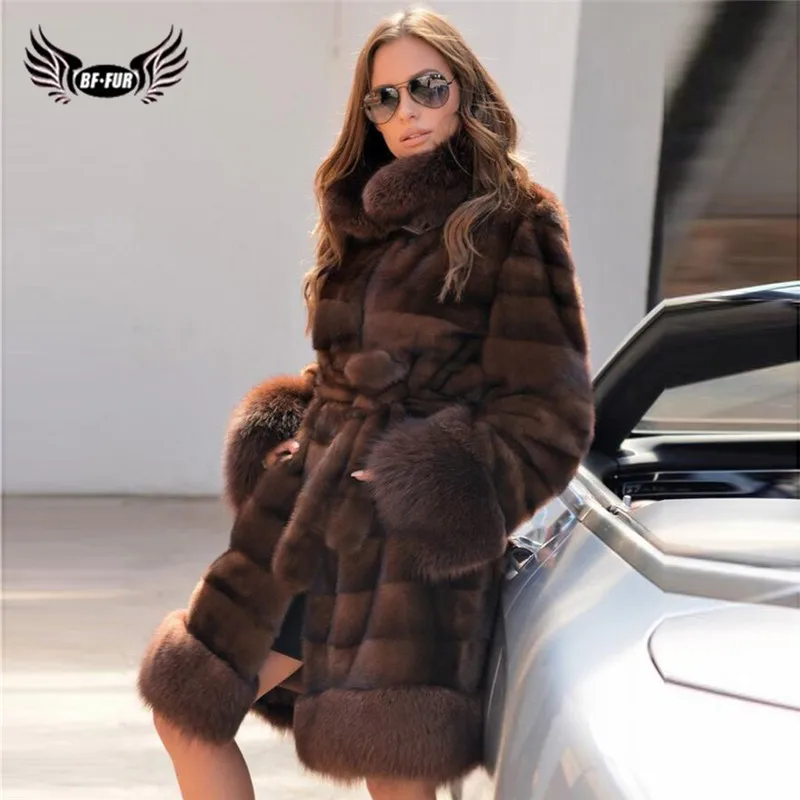 Luxury Genuine Mink Fur Coat With Fox Fur Bottom And Cuff Fashion Winter Women Real Mink Fur Jacket With Fur Belt Outwear