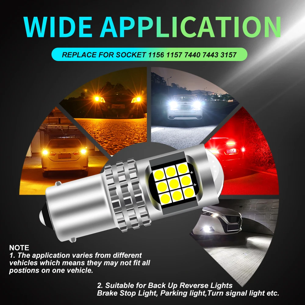 2Pcs P21W Led 1156 T20 W21/5W 7443 P21/5W 3157 1200LM W21W Car Bulb 7440 BA15S BAY15D PY21W Auto DRL Light 1157 White 12V Lamp