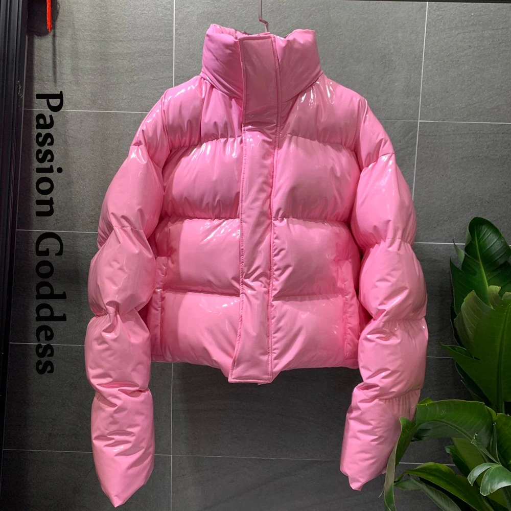 Winter Women Bright PU Pink Puffer Jacket Thick Bubble Coat Zipper Glossy Leather Down Parka Outerwear Stand Collar Loose Jacket