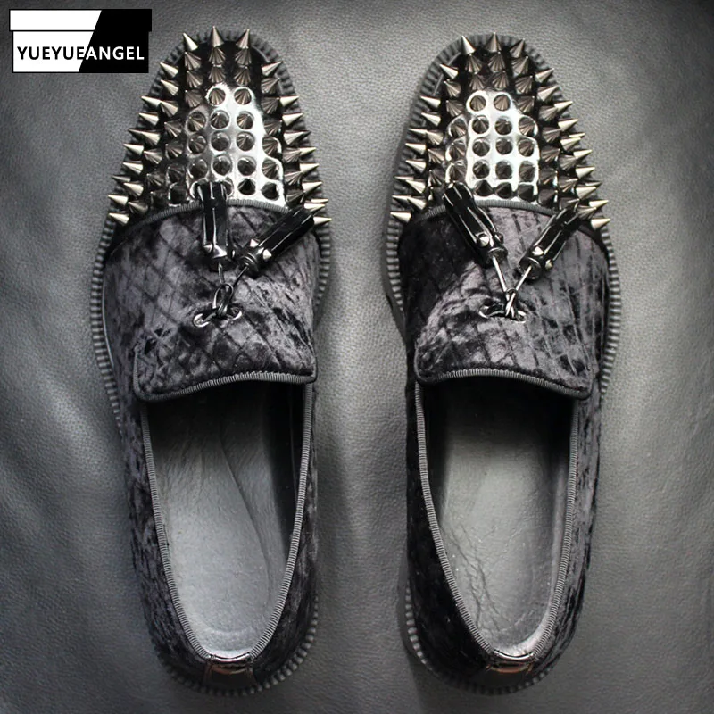 Punk Style Rivet Studded Thick Platform Loafers Men Slip On Casual Shoes Genuine Leather Spliced Cow Suede Tassel Dress Shoes