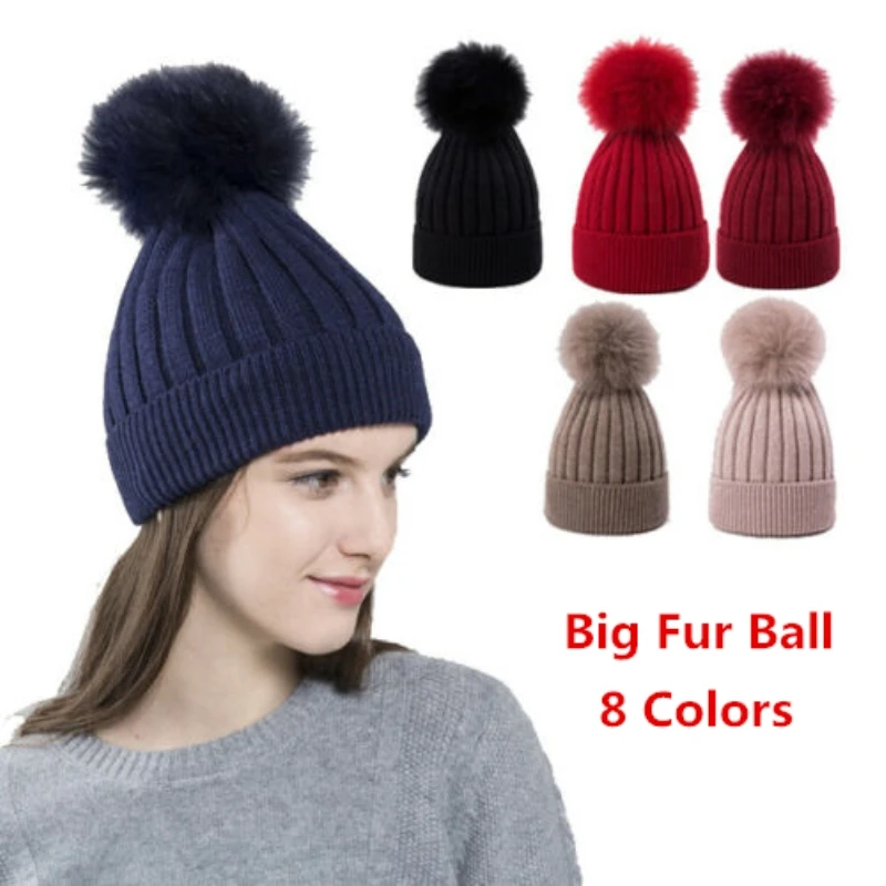 Kupokasi Casual Winter Keep Warm Hat Big 14cm Real Fox Fur Pom Women Girl Warmth Knit Beanie Bobble Cap bleach anime