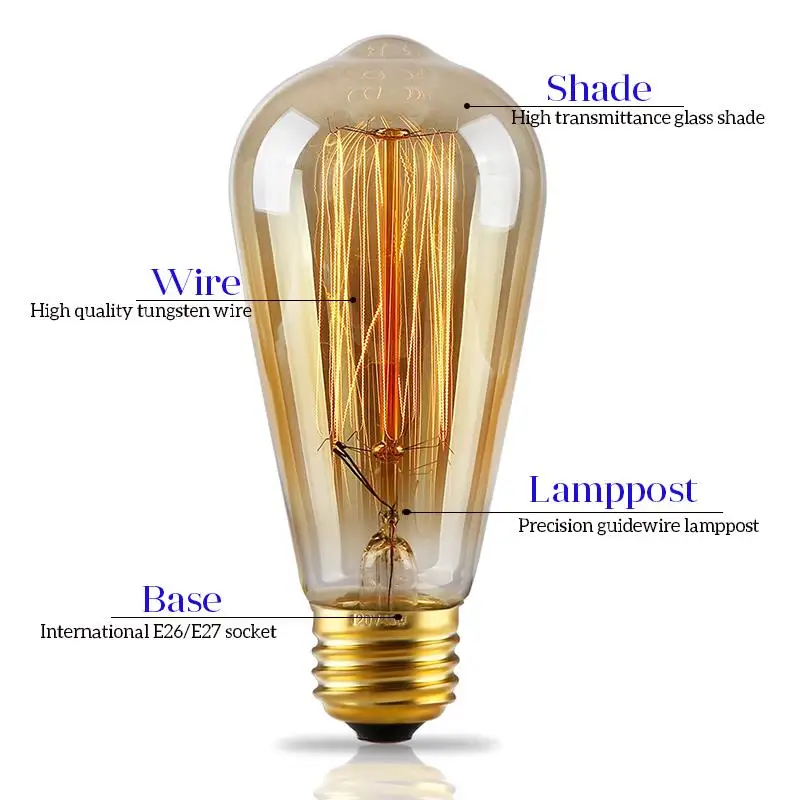 Retro Edison Light Bulb E27 110V 220V 40W ST64 A19 T45 G80 G95 Dimmable Ampoule Vintage Filament For Home Lamp Bulb