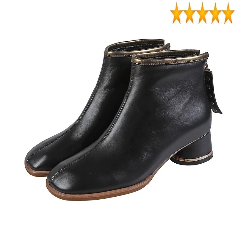 

Ankle Women Fashion Winter Square Toe Block Med Heels Zipper Fleece Lining Warm Ladies Casual Leather Boots Shoes