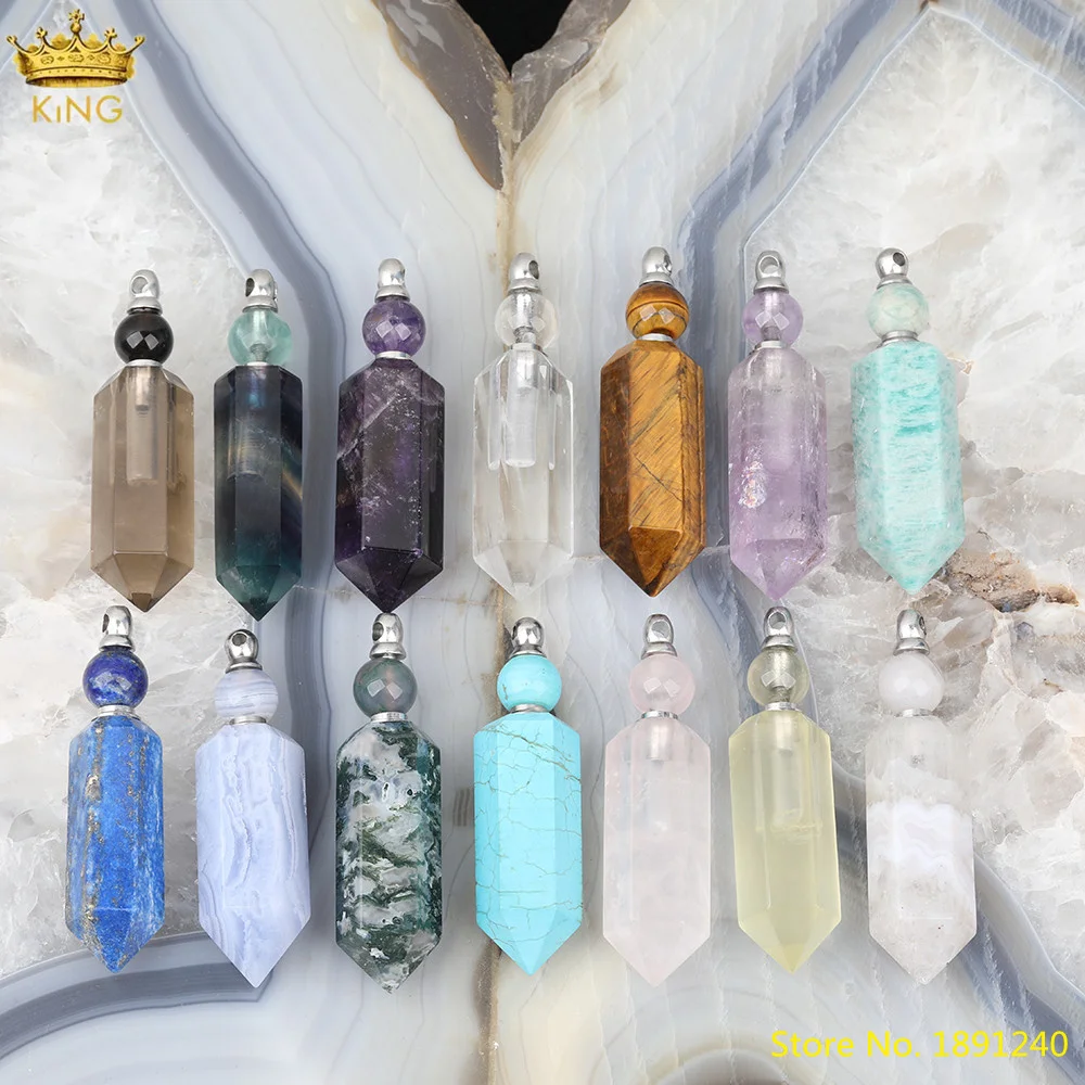 Fashion Women Natural Pink Quartz Crystal Stone Perfume Bottle Silvery Stainless Steel Chains Pendant Necklace Jewelry SA-35KBCJ