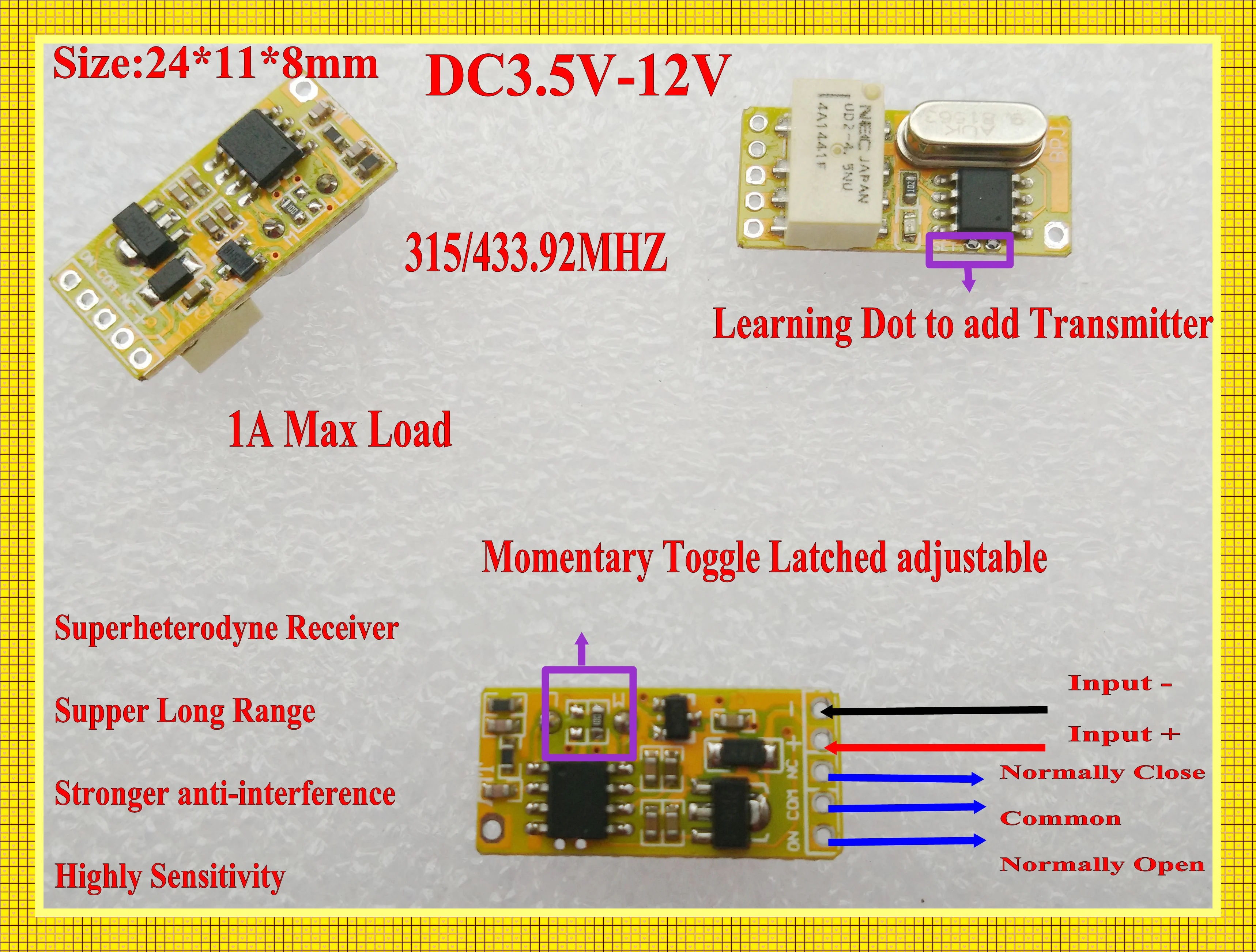 3.7V Tiny RF Remote Switch 433 315 4.2V 4.5V 5V 6V 7.4V 9V 12V Small Relay Contact Wireless Switches NO COM NC Mini RX TX 315 43