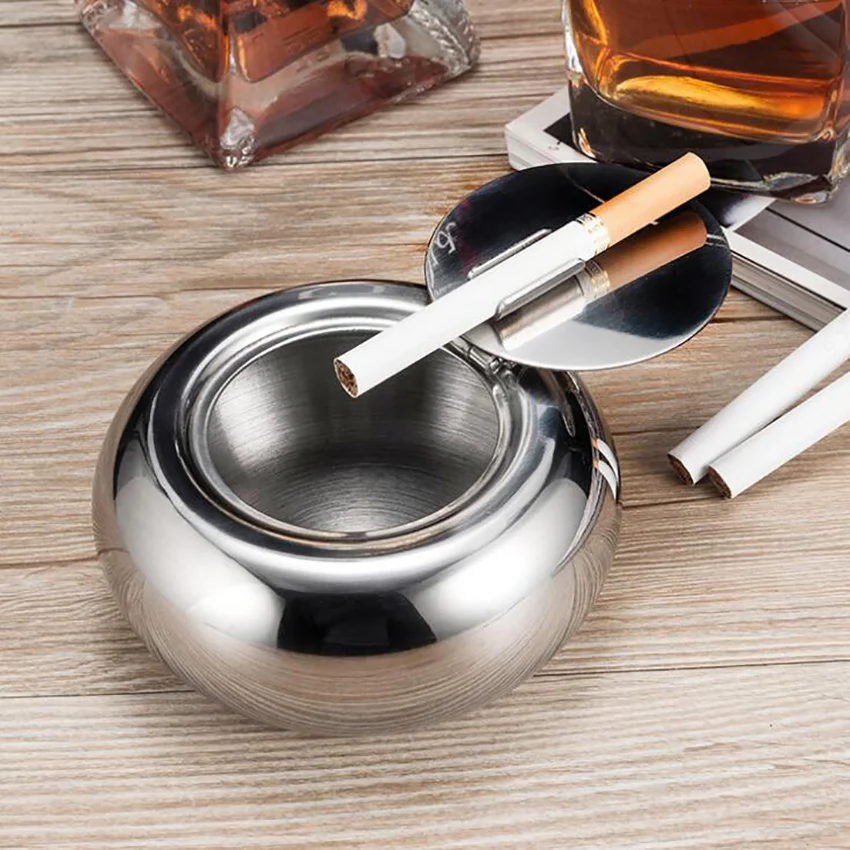 Stainless Steel Tabletop Ashtray with Lid, Windproof Ashtray Flip Top for Tabletop, Patio Indoor Outdoor Home Decoration, Silver