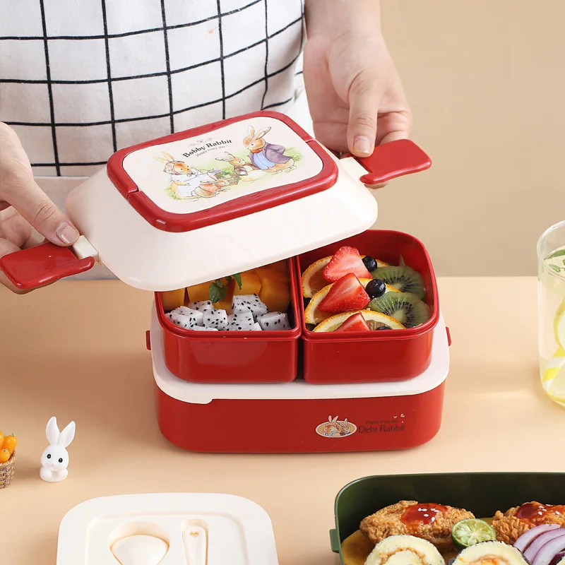 Cute Bento Lunch Box for Kids School Children Portable Double Layer Plastic Food Storage Containers Lunchbox with Fork and Spoon