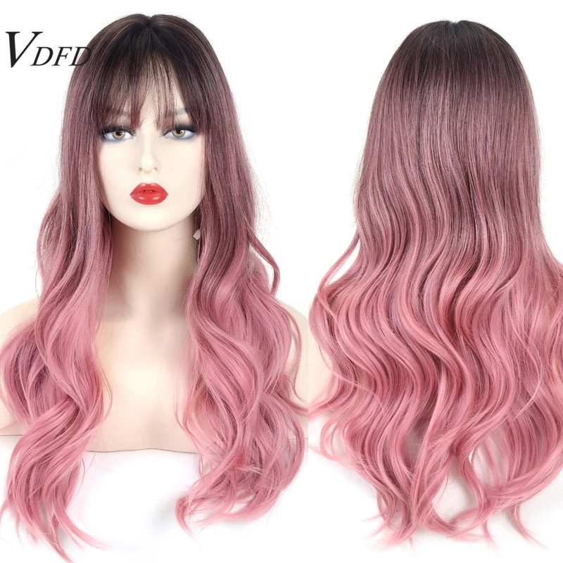 

VDFD Pink Wig with Bangs Cosplay Heat Friendly Synthetic Wig Natural Ombre Rose Gold Long Wavy Heat Fake Hair for Women Daily