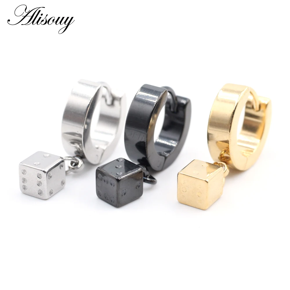 Alisouy 2pcs Punk Stainless Steel Stud Huggie Hoop Earrings for Women Men Cube Square Dice Dangle Earrings Hiphop Goth Earrings