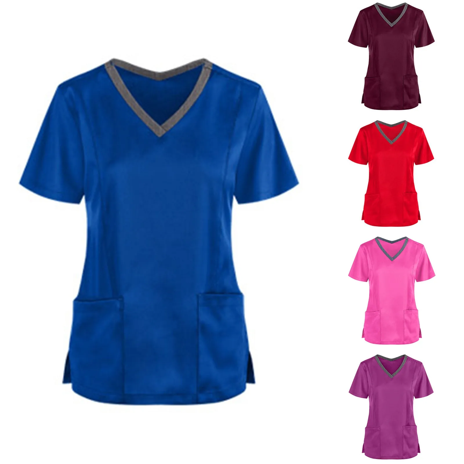 Pocket Women Nursing Scrub Uniform Ladies Short Sleeve V-neck Care Workers Nurse Working Medical Uniforms Blouse Tops Uniform