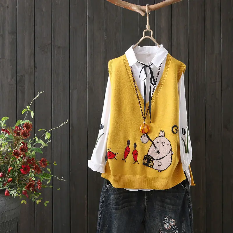 Spring and autumn fashion new western style casual sweater vest knitted women loose sleeveless V-neck all-match blouse