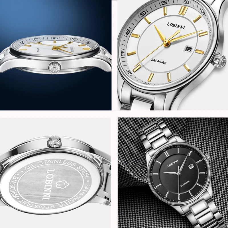 LOBINNI Orologio impermeabile in vetro zaffiro in acciaio inossidabile Orologio da coppia di orologi di marca di lusso Coppia di orologi al quarzo giapponesi per uomo e donna