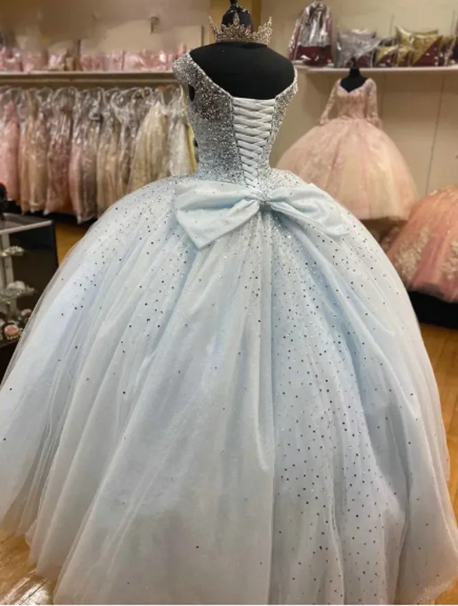 Vestido de baile azul de quinceañera para niñas, 15 y 16 años, con lazo en la espalda, talla grande, hecho a medida, 2021