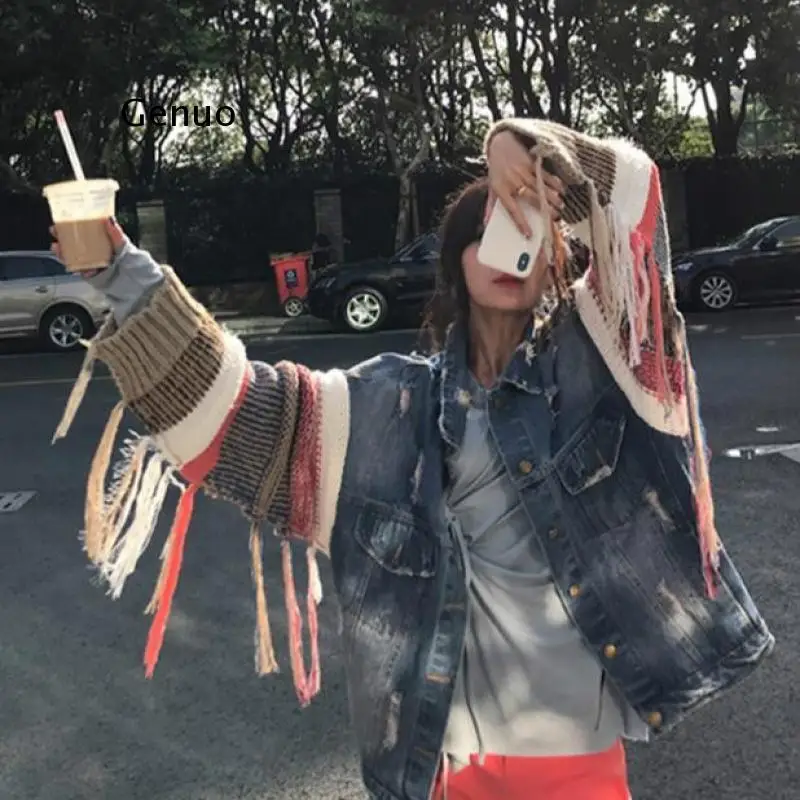 Stitching Denim Jacket 2021 New Women Korean Style Loose Style Knitted Sleeve Tassel Coat Autumn Winter Top Femme Abrigo Mujer