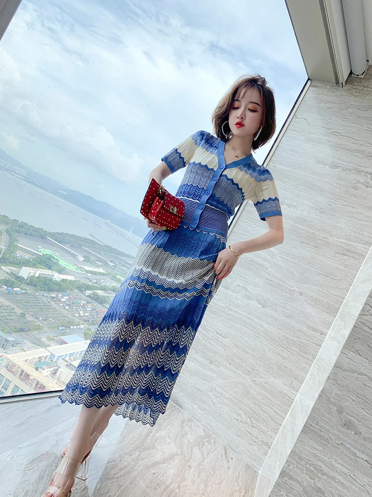 Comelsexy 2024 New Fashion Summer Suit Women Designer Short Sleeve Knit Top And Striped Skirt 2 Piece Set Lady Casual Outfits