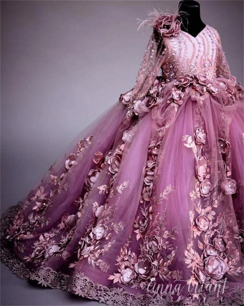 Vestidos de flores de lujo para niña, precioso vestido de desfile para boda, apliques de plumas de encaje de manga larga, vestido de cumpleaños de tul