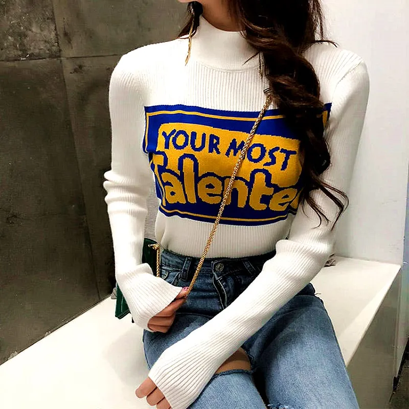 

Women Autumn Winter Basic Sweater Candy Color Stand Neck Knitted Casual Letter Spliced Pullovers Casual Sweaters Knitwear NS192