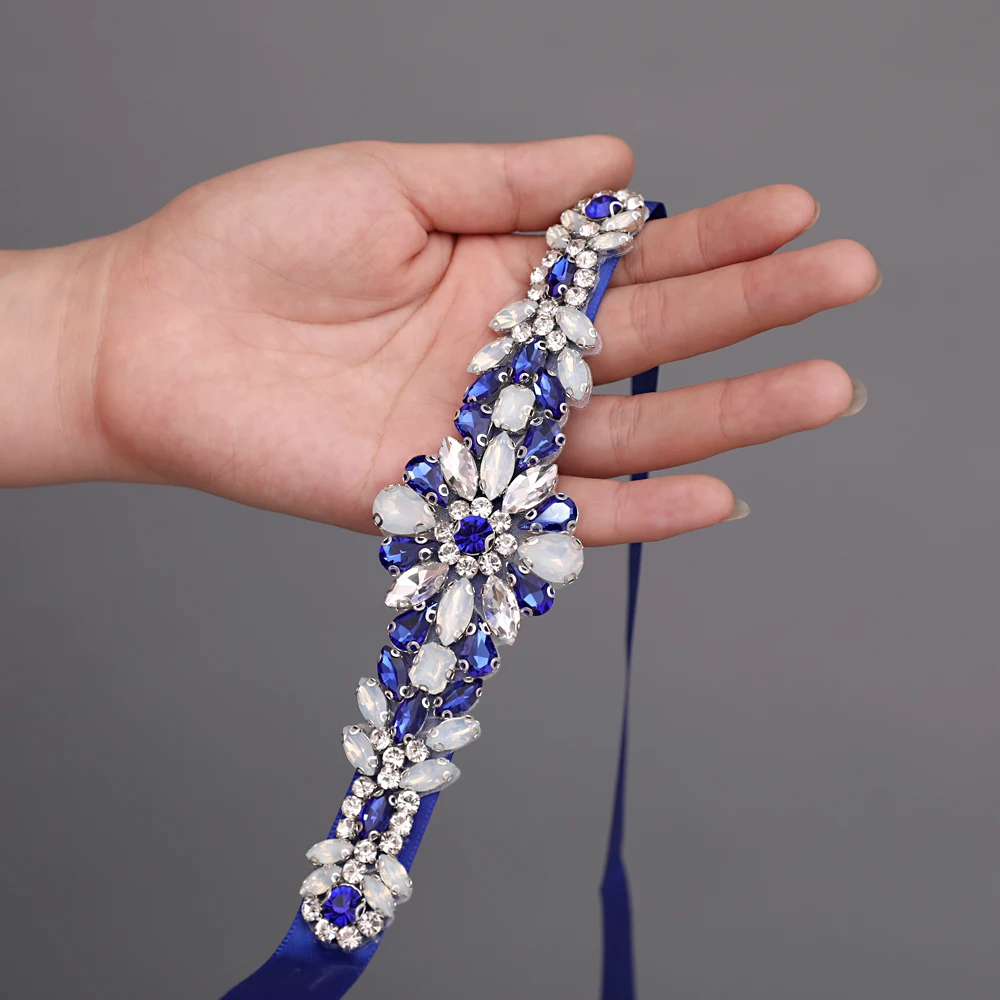 100% Handmade Luxury Royal Blue Rhinestone เข็มขัดแต่งงานเจ้าสาวเข็มขัดเข็มขัดอัญมณี Sparkle เข็มขัด Sashes เจ้าสาวงานแต่งงาน...