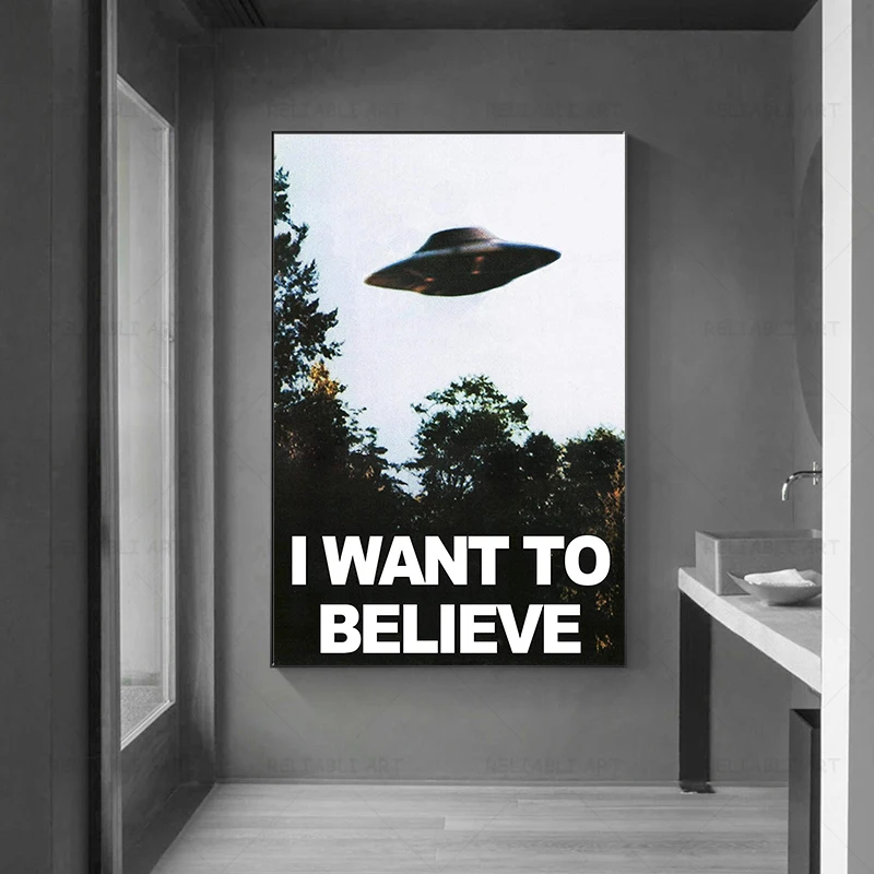 Spaceship Wall Print I Want To Believe Canvas Painting UFO Wall Art Home Decor Mulders Office Posters and Prints Unframed