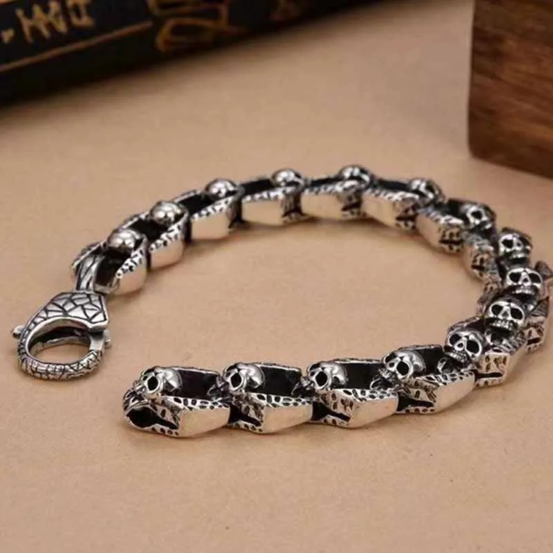 100% 925 Sterling Silver Miami Cuban Skull head Chain Bracelet Skeleton Link Hip Hop Bracelets Women Chain Sport Fine Jewelry