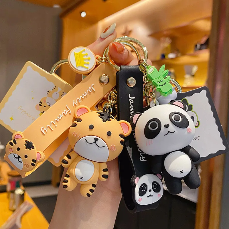 James Family Cute Cartoon Key Chain Silicone Panda Cat Lion Tiger Rabbit Dinosaur Doll Car Key Ring Women Bag Charm Pendant