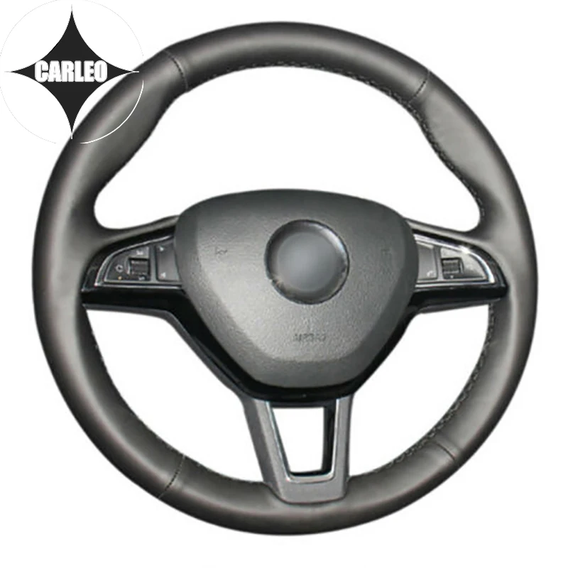 

DIY Car Steering Wheel Cover for Skoda Fabia Octavia Genuine Black Leather Custom Hand Stitching Holder Top Layer Wrap