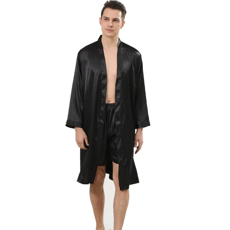 Male Summer New Long Sleeve Robe Suit Silk Satin Homewear Men Loose Casual Bathrobe And Shorts Sleepwear Nighhtwear