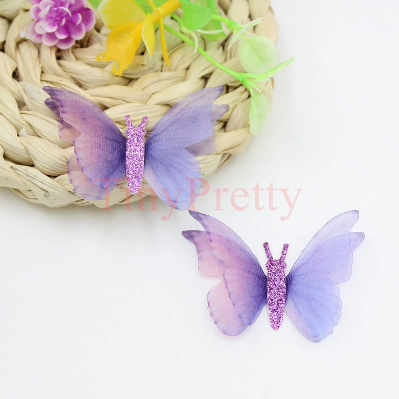 20pcs 50mm Glitter Organza Butterflies Double-layer Printed Butterfly Applique Patches Accessory for DIY Jewelry Making