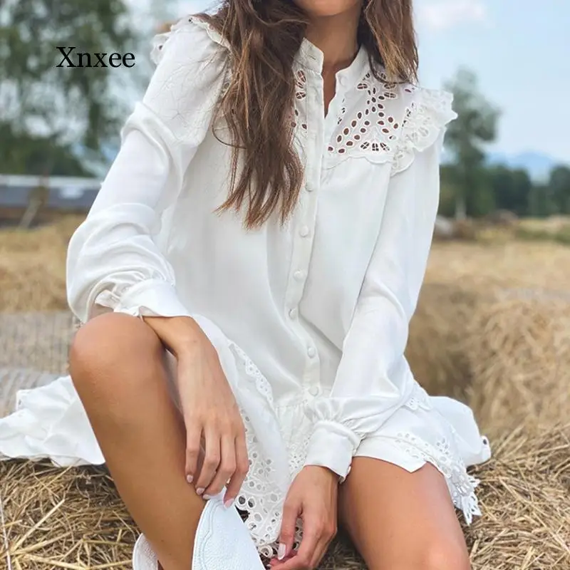 Women Solid Lace Shirt Dress Autumn Elegant Ladies Stand Collar Hollow Out Single-Breasted Cascading Ruffles Mini Dresses Robe