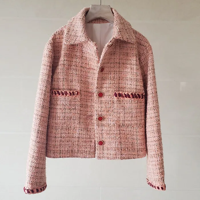 

Plaid Tweed Jackets Coat Women Single Breasted Woolen Coat Luxury Vintage Elegant Pockets Outwear Pink Long Sleeve Coat k3310