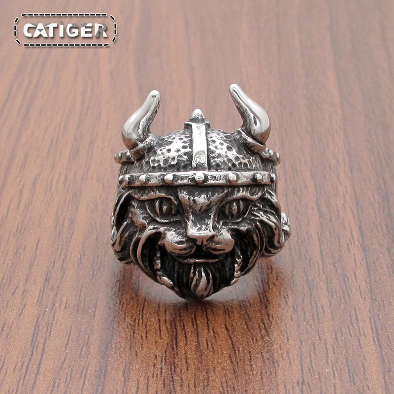 Free Shipping  Punk 316L Stainless Steel Nordic Viking Helmet Cat Ring Scandinavian Warriors Animal Pirate Pat Rings Jewelry