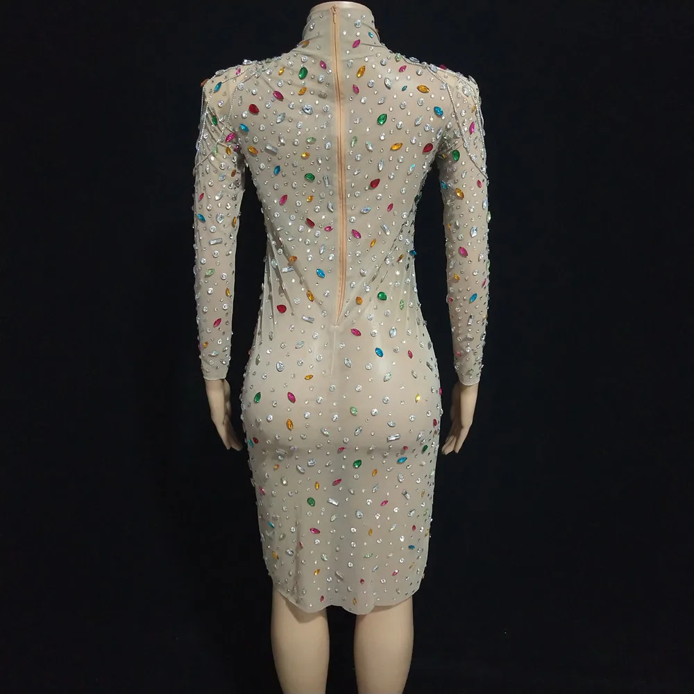 Fashion Sexy See Through Mesh Colorful Rhinestones Dress Women Birthday Evening Party Crystals Long Dresses Singer Stage Costume