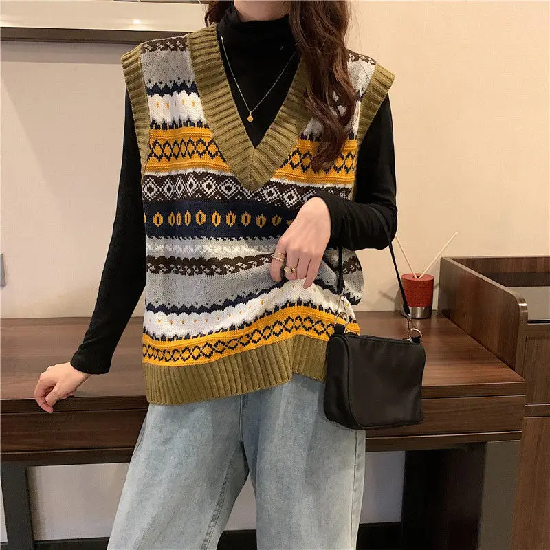 Sweater Vest Women V-neck Knitted All-match Elegant Pattern Retro Vintage Sweaters Mujer Sleeveless Top Ethnic Style New Arrival