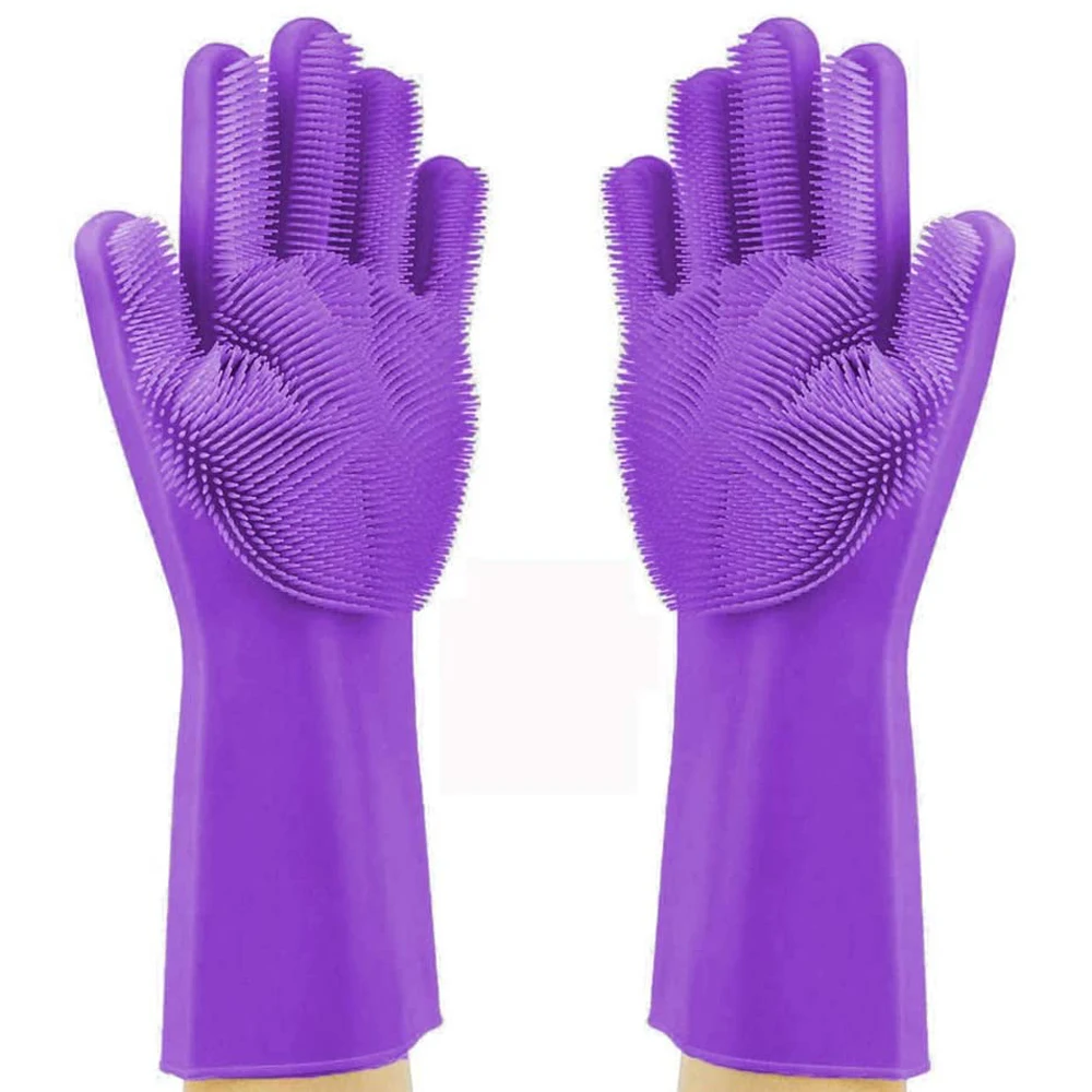 MONGKA 1 Pair Cleaning Sponge Gloves, Dishwashing Gloves, Silicone Reusable Cleaning Brush Heat Resistant Scrubber Gloves