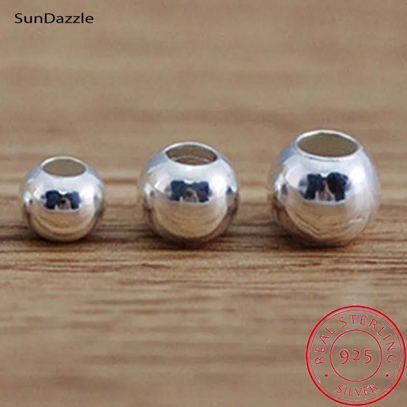 Large Hole Genuine Real Pure Solid 925 Sterling Silver Beads Jewelry Findings Round Smooth Bead DIY Bracelet Necklace 3-8mm