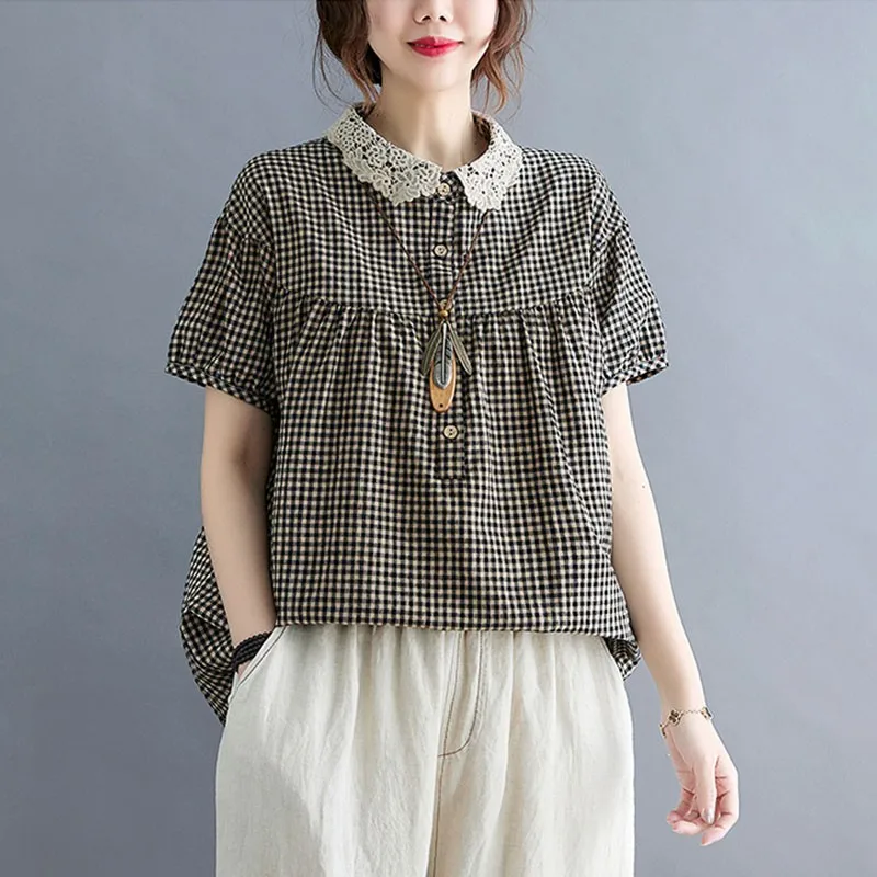 Women Cotton Linen Casual Shirts New 2021 Summer Vintage Style Peter Pan Collar Plaid Print Loose Female Tops S3791