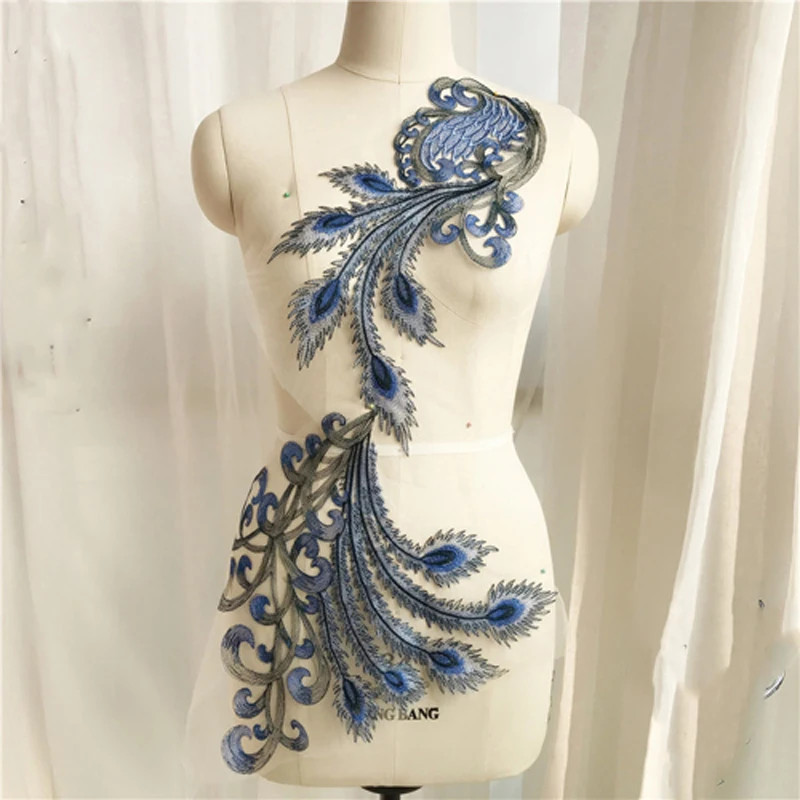 Applique Blue Peacock Embroidered Lace Wedding Dress Back Diy Flower Lace Applique Fabrics Material Scrapbooking NL239